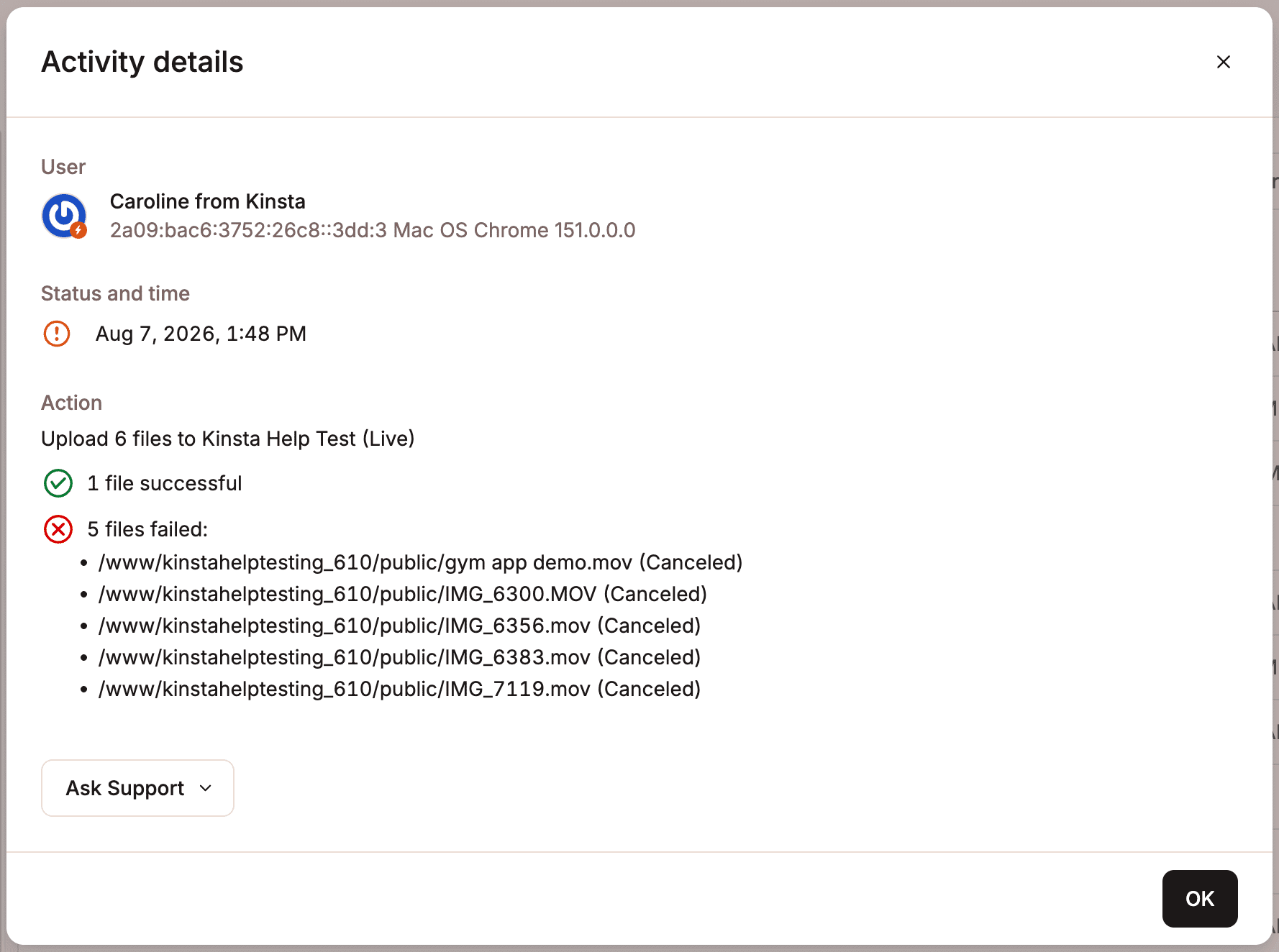 Failed upload details.