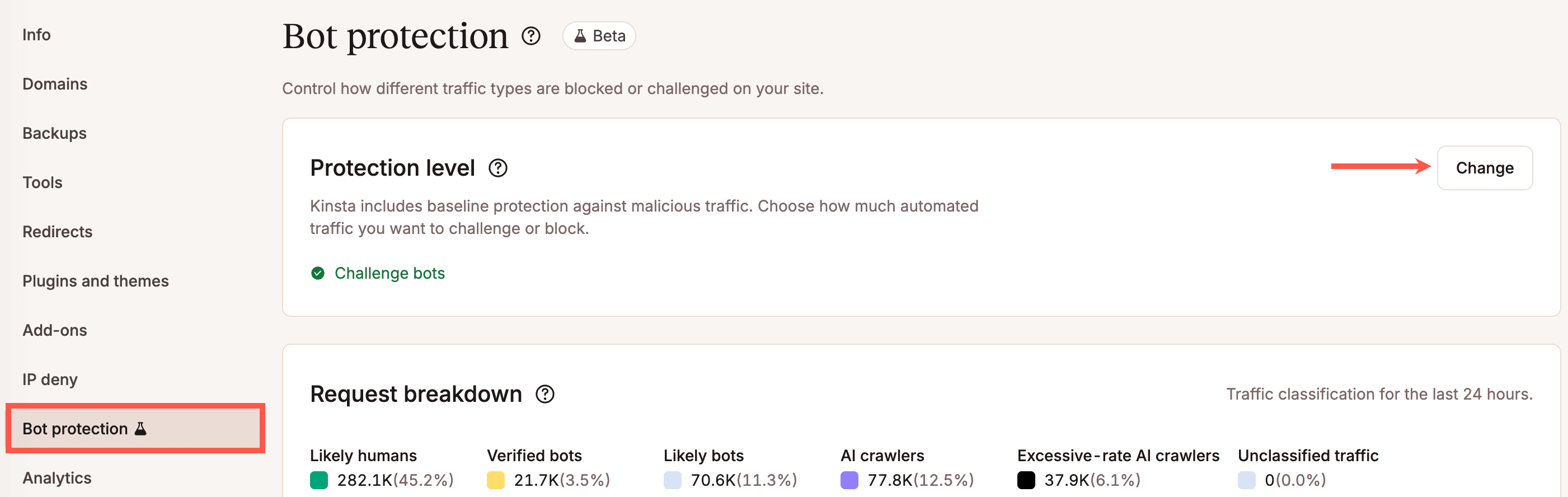 Ändere die Stufe des Bot-Schutzes in MyKinsta.