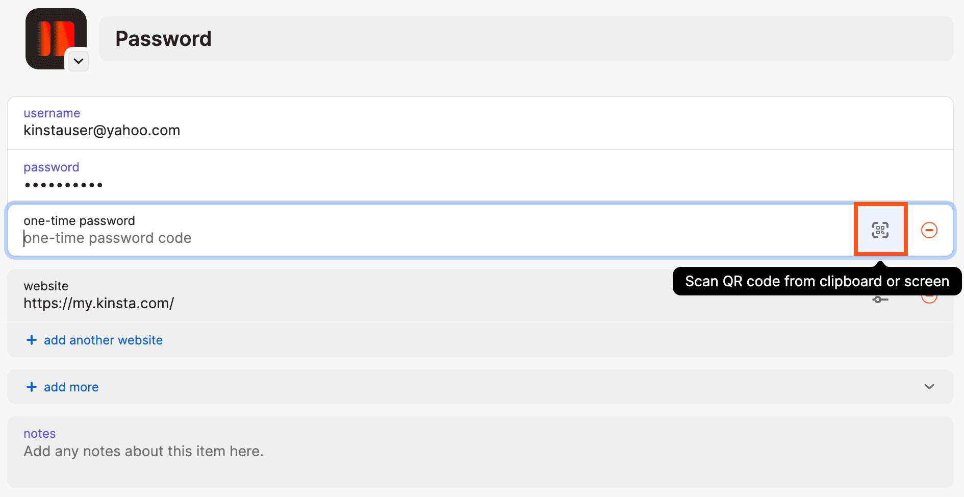 Cliquez sur l'icône du QR code pour activer le scanner de QR code dans 1Password.