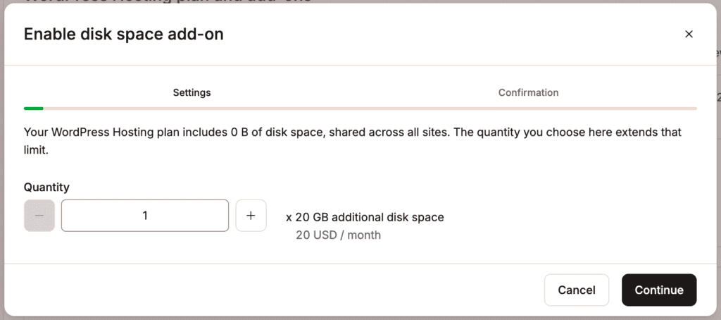 Modifica la cantidad del add-on Espacio en disco.
