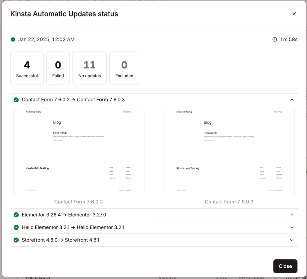 Detalles sobre las actualizaciones instaladas desde Actualizaciones Automáticas de Kinsta.