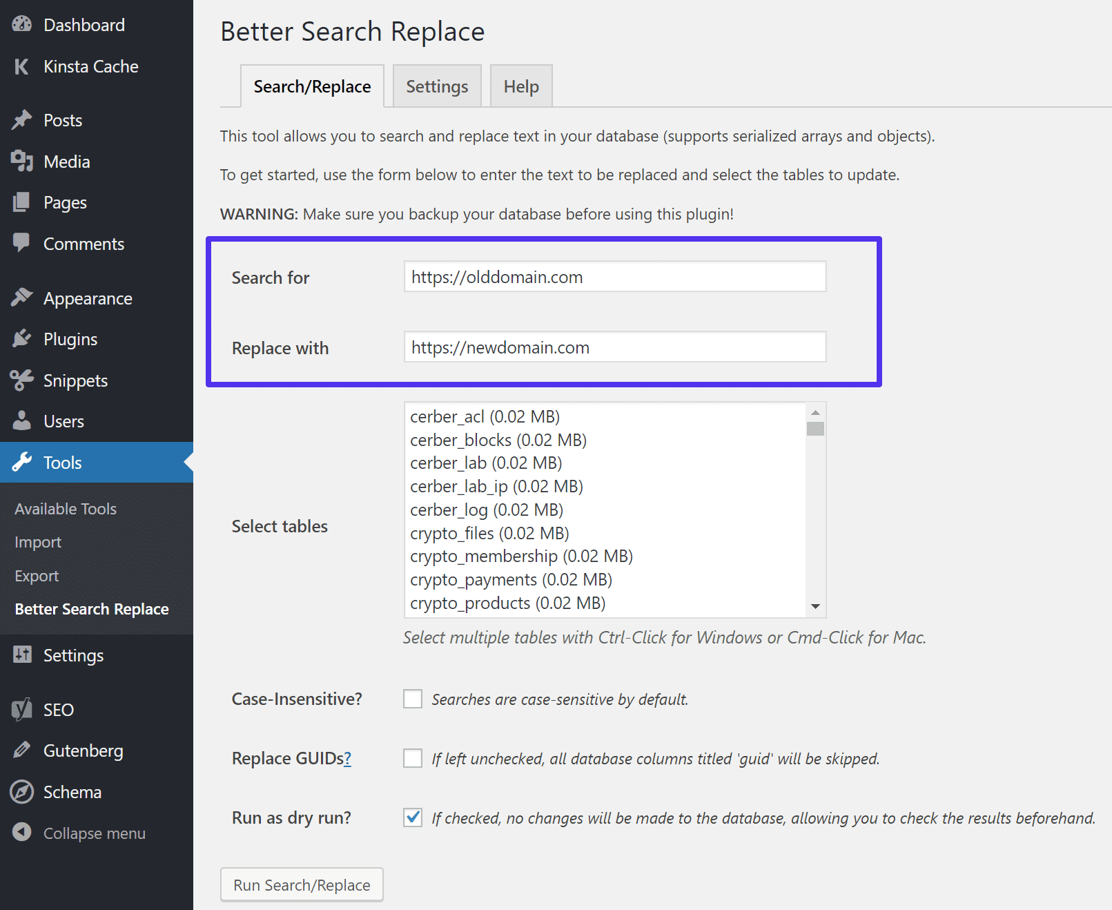 Die Domain aktualiseren mit Better Search Replace