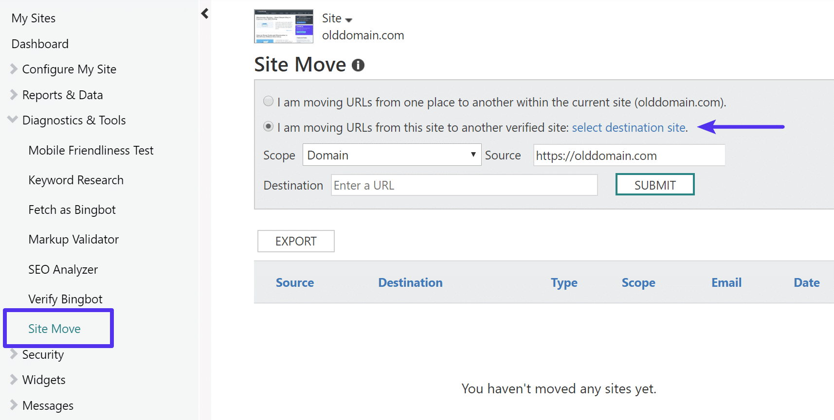 Seite umziehen mit Bing Webmaster Tools