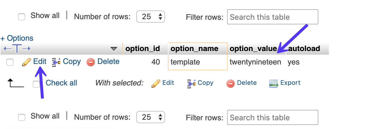 wp_options Vorlagenname