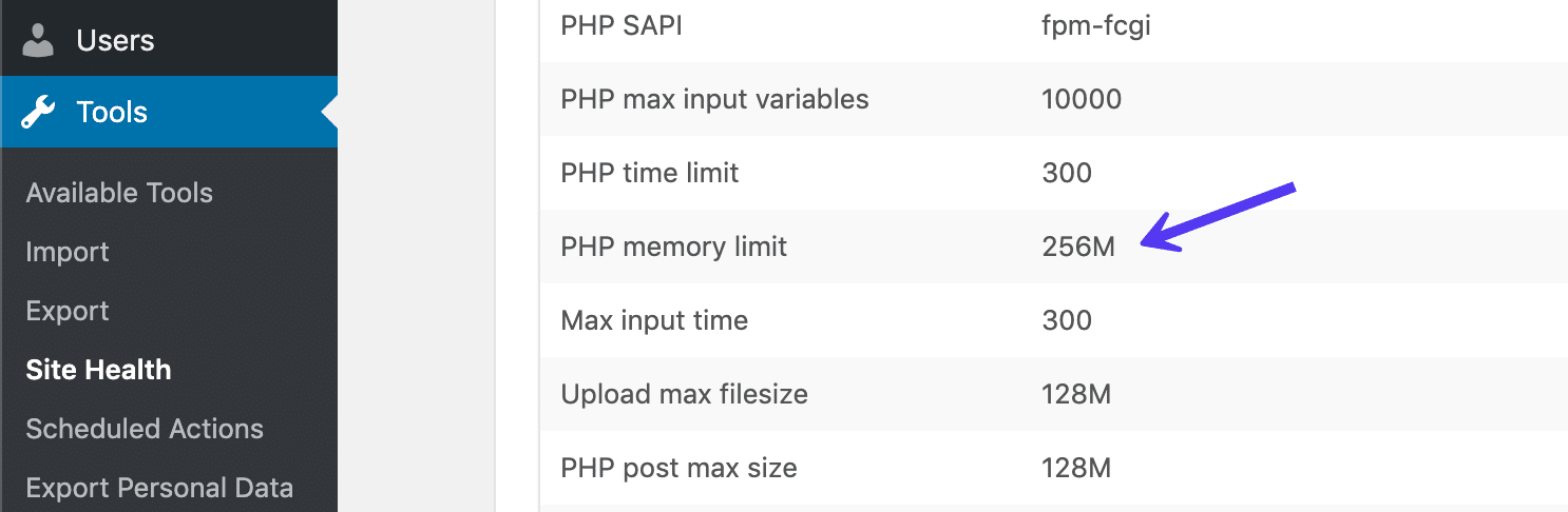 WordPress Seitenzustand PHP Speicherlimit