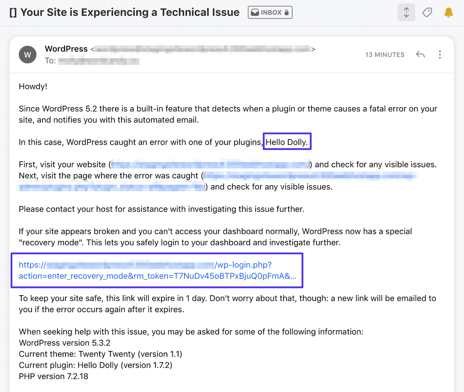 Admin-E-Mail für den Fehler 