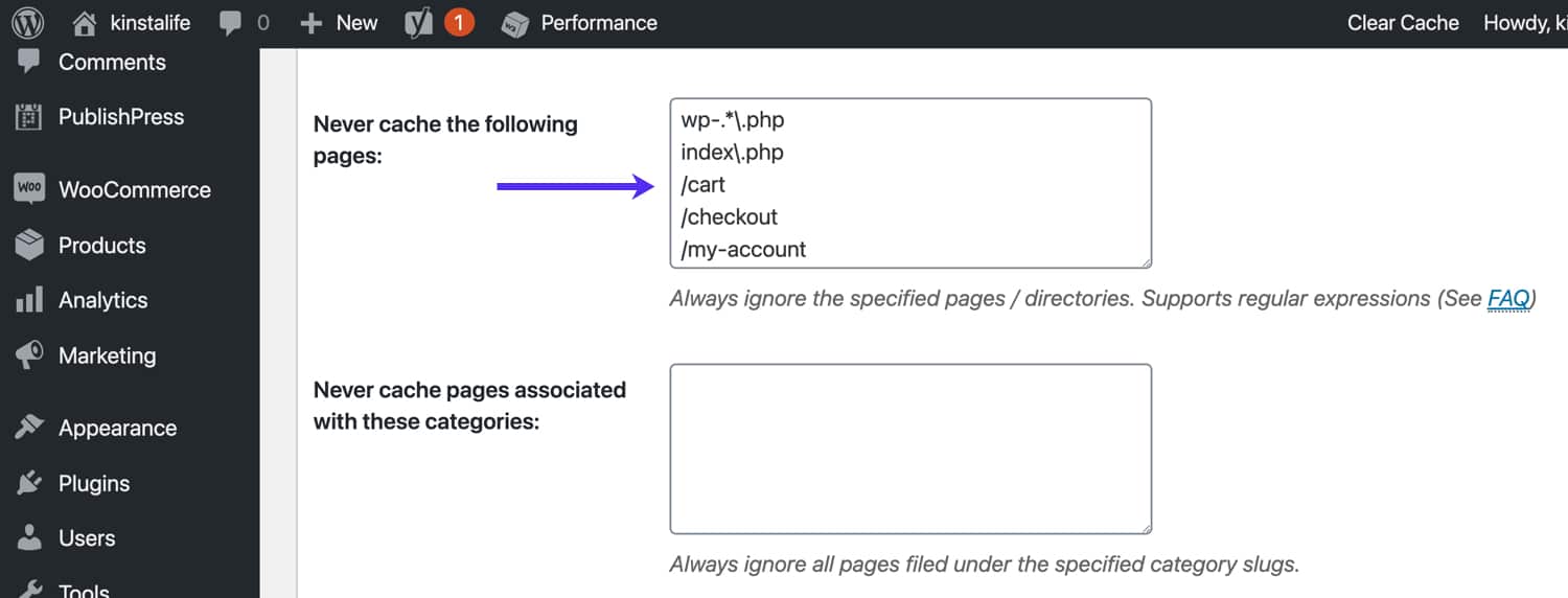 Umgehe WooCommerce-Seiten aus dem W3 Total Cache.