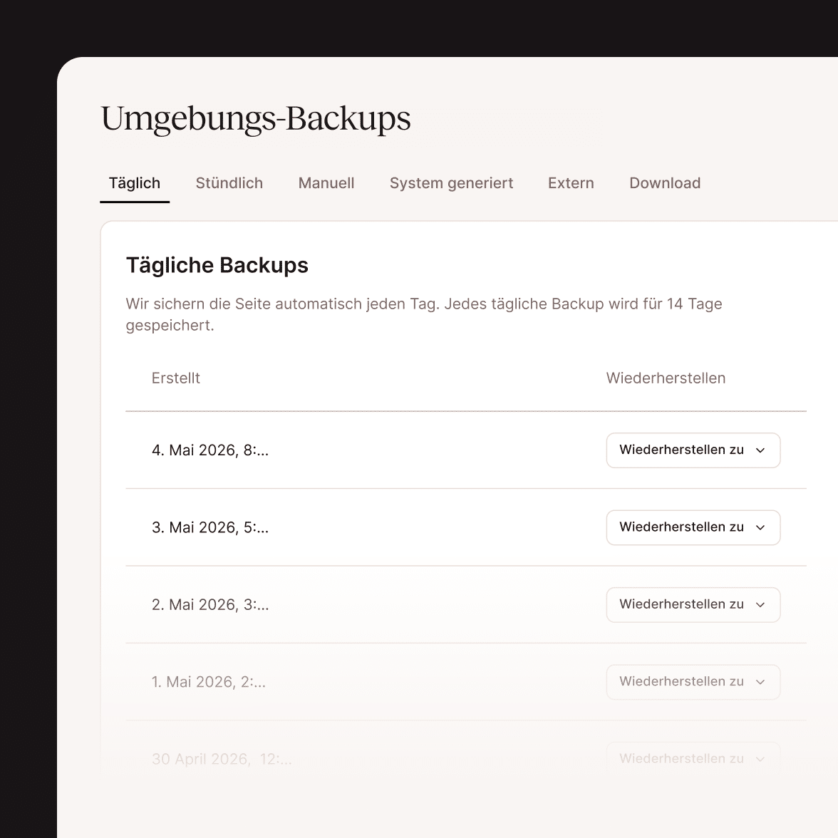Verschiedene Arten von Backups, die Kinsta im MyKinsta-Dashboard anbietet