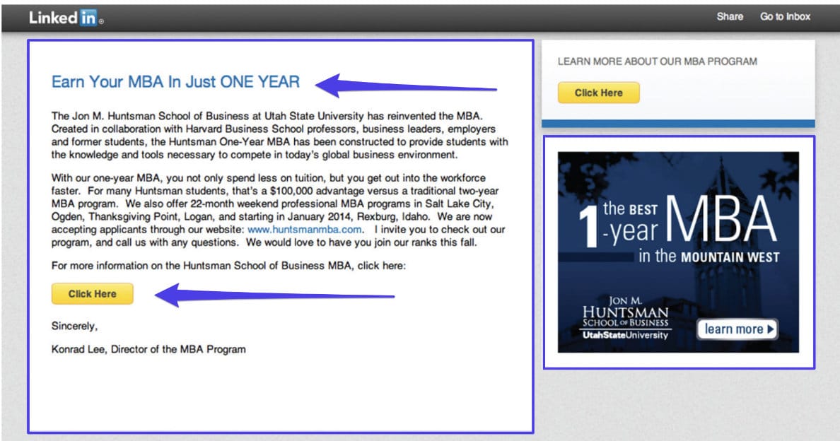 LinkedIn InMail campaign example Ejemplo de una campaña de InMail en LinkedIn