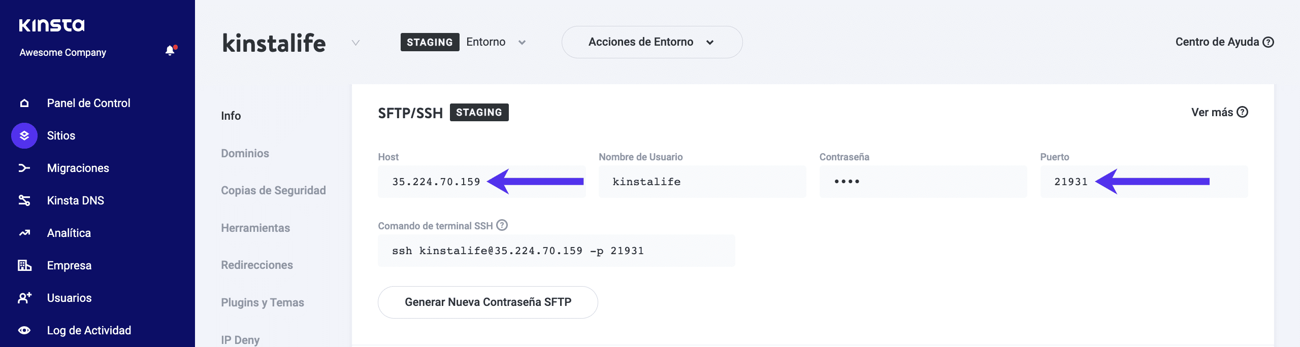 Detalles del host y del puerto del SFTP para su entorno de staging.
