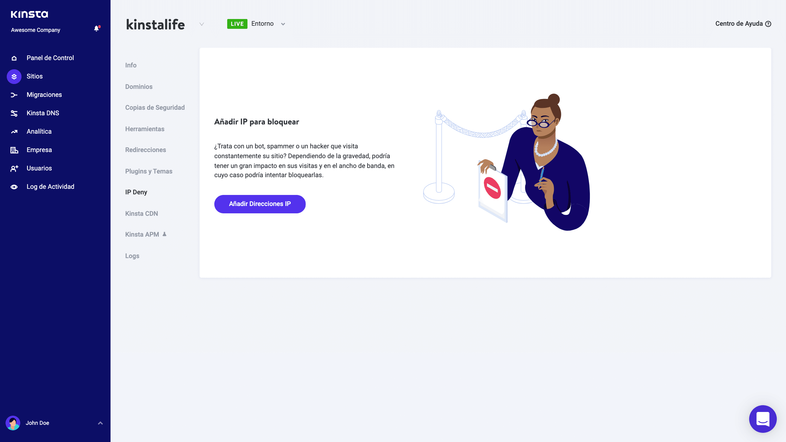 La herramienta de negación de IP en MyKinsta.