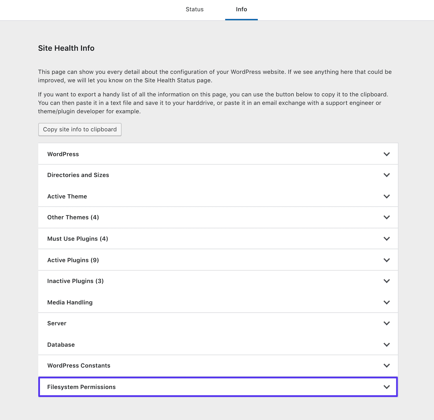 La pestaña Información de Salud del Sitio de WordPress