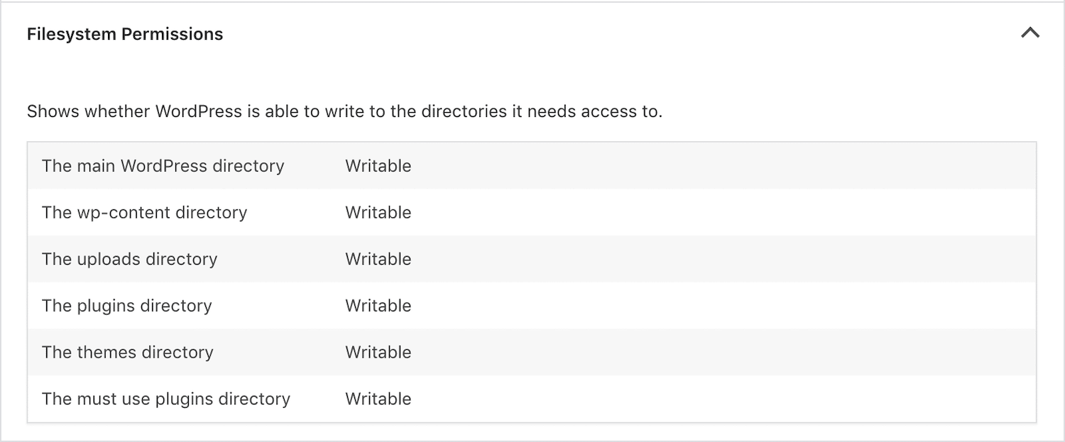 La comprobación de los permisos del sistema de archivos de salud del sitio de WordPress