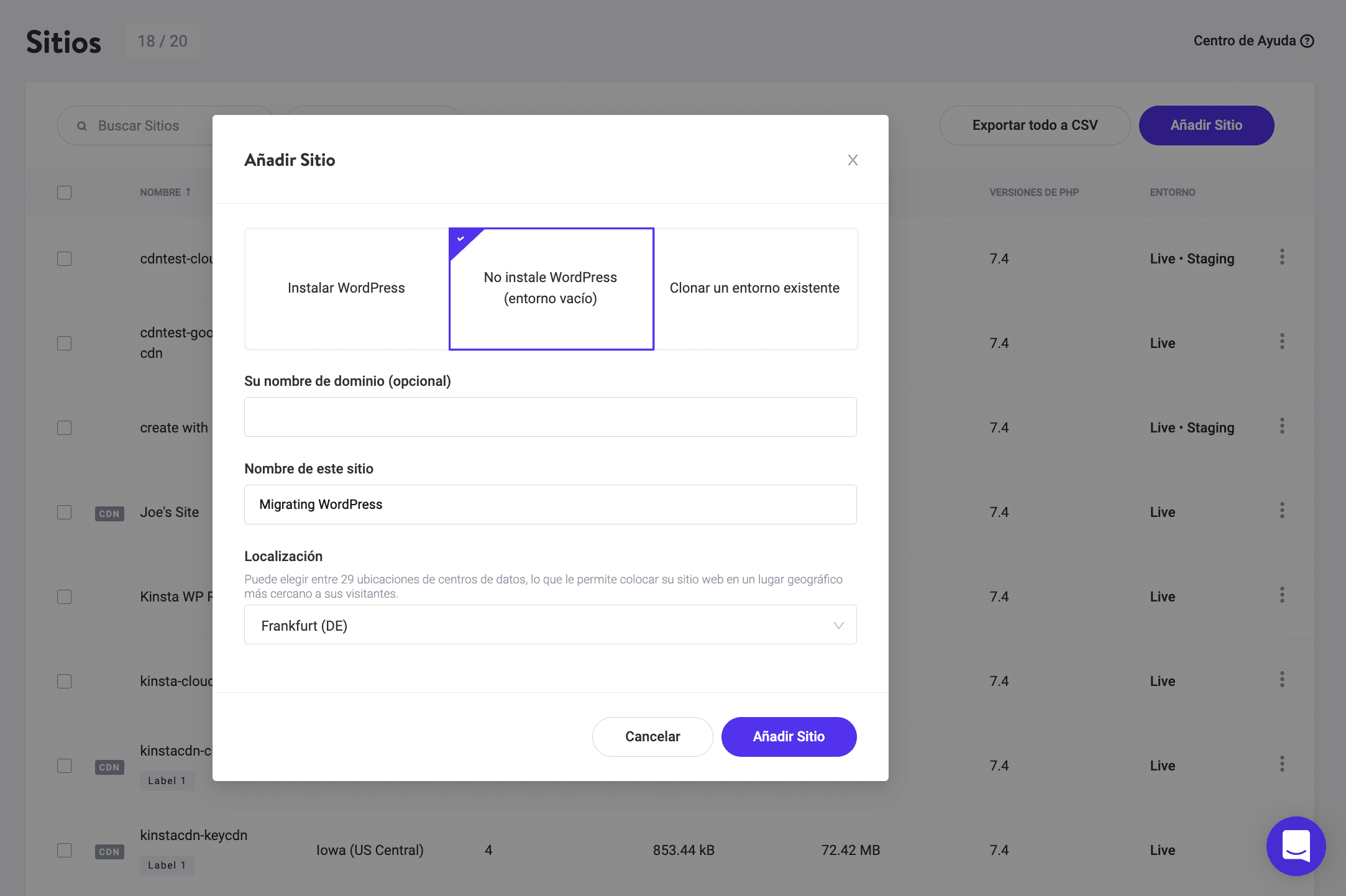 Añadir un sitio en MyKinsta