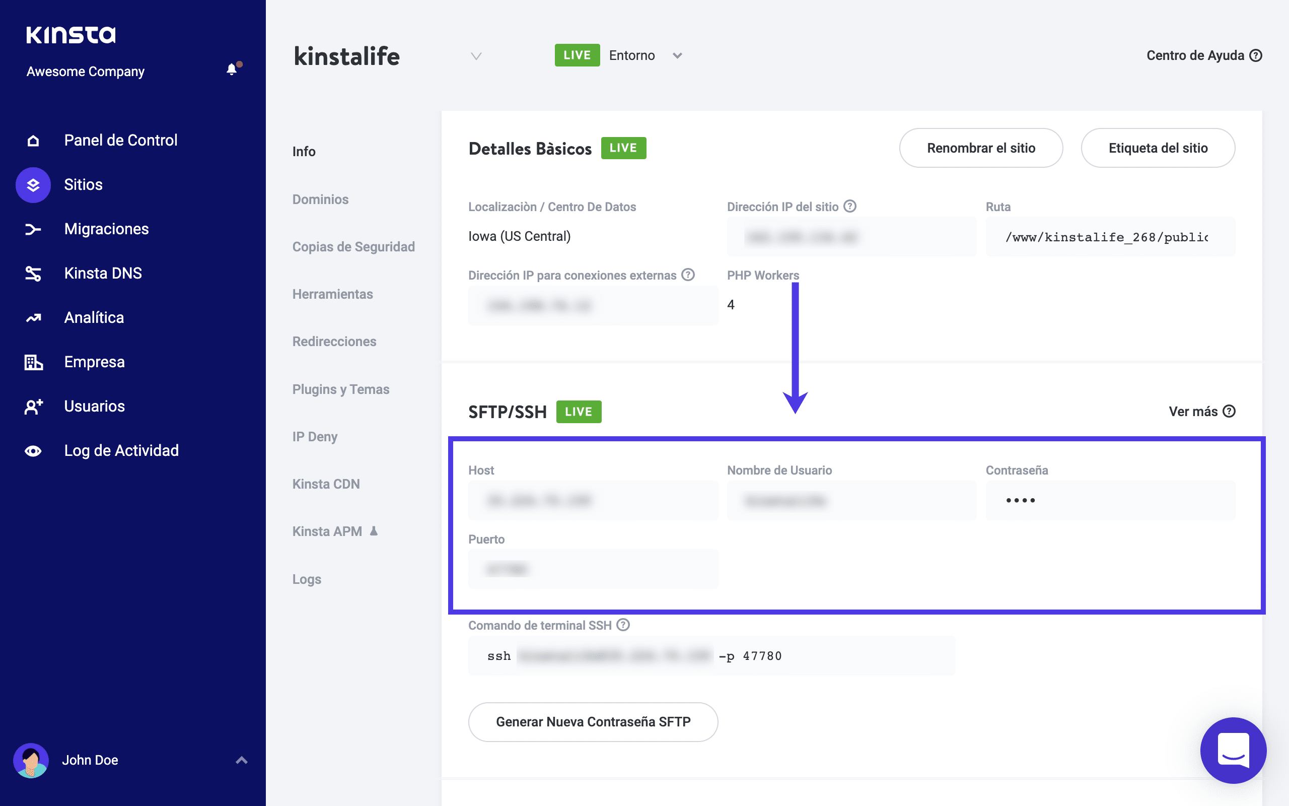 Credenciales SFTP en el panel de control MyKinsta