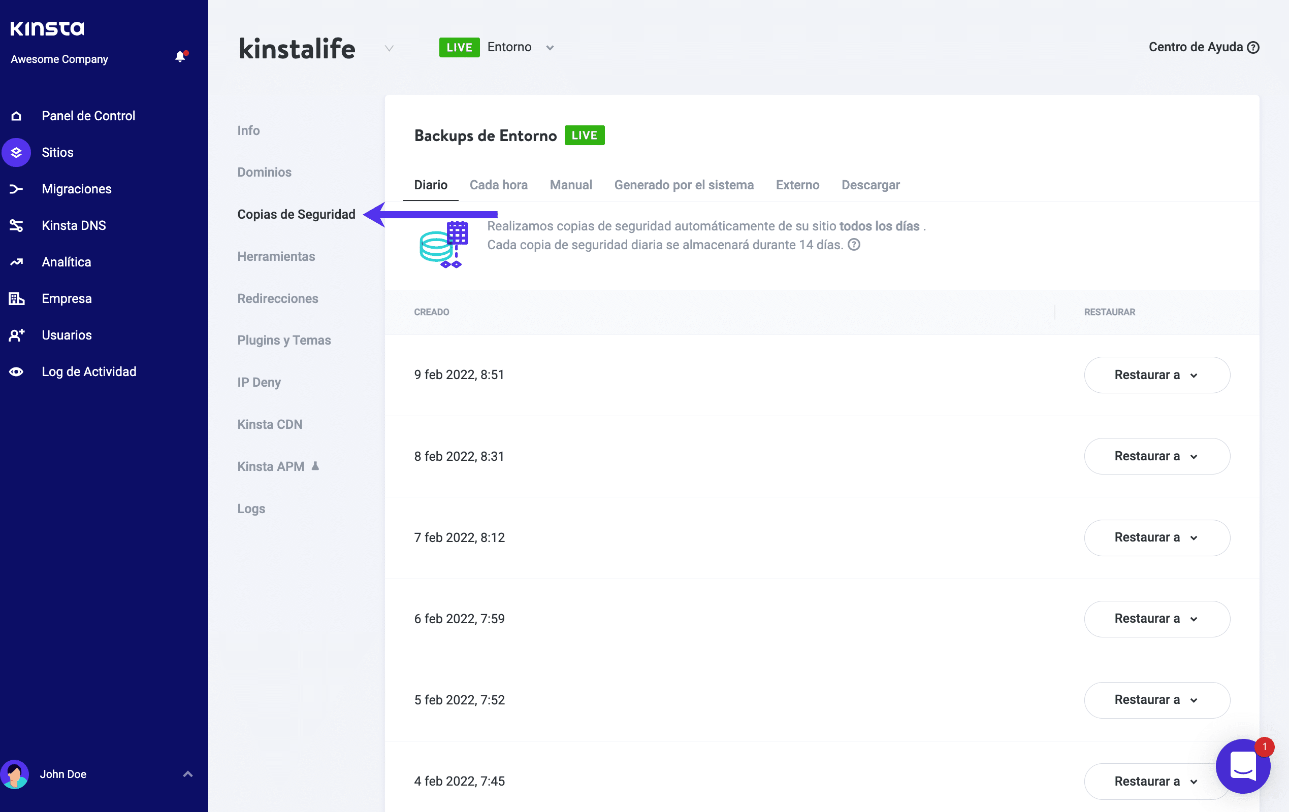 Realiza copias de seguridad diarias, por horas o manuales en el panel de MyKinsta.