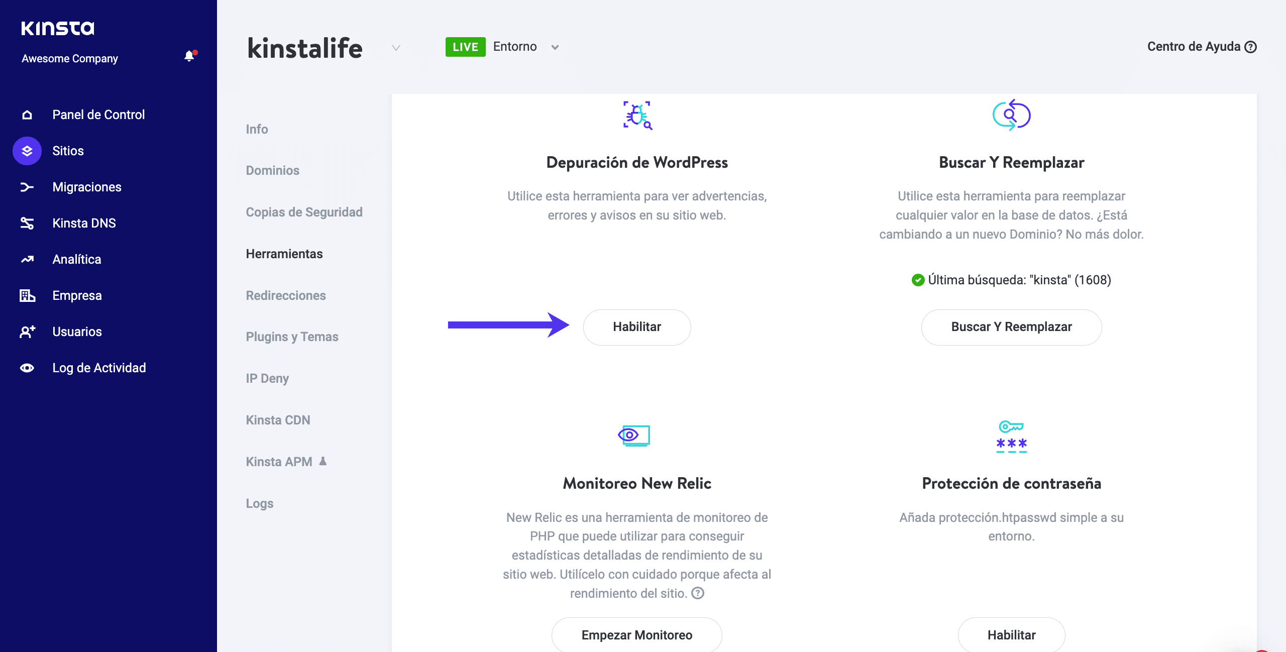 Sitios > Herramientas le lleva a una página para activar la función de modo de depuración de WordPress en el panel de control de Kinsta.