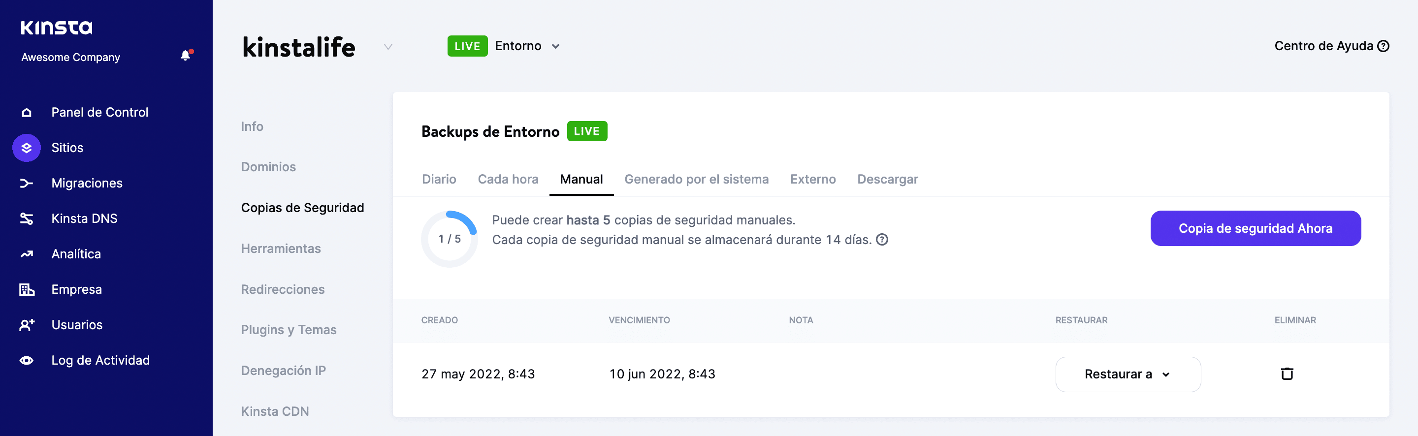 MyKinsta muestra una lista de todas las copias de seguridad