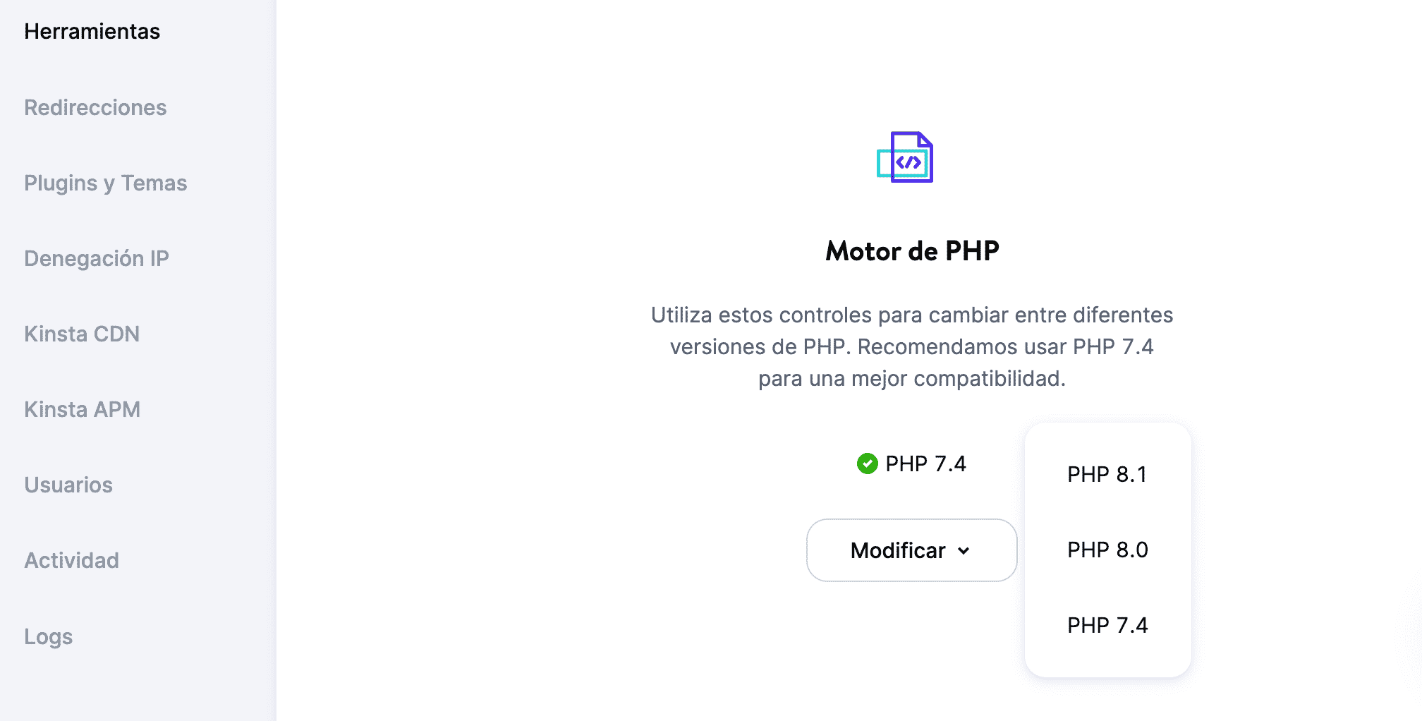 Actualizando PHP con la plataforma MyKinsta