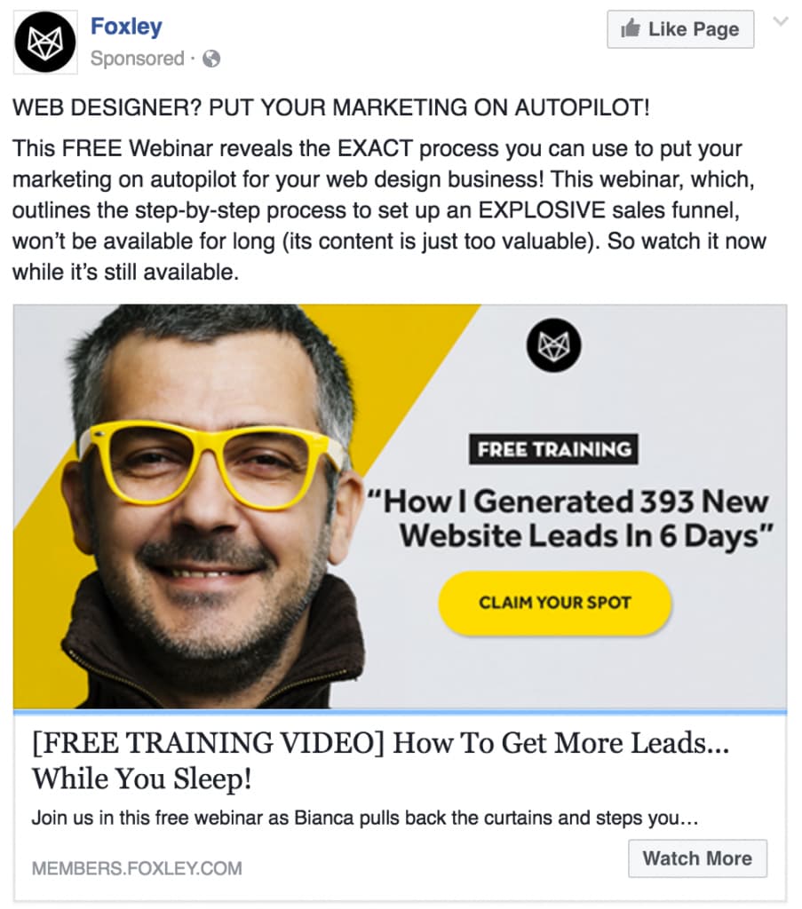 Publicité vidéo de formation B2B sur Facebook