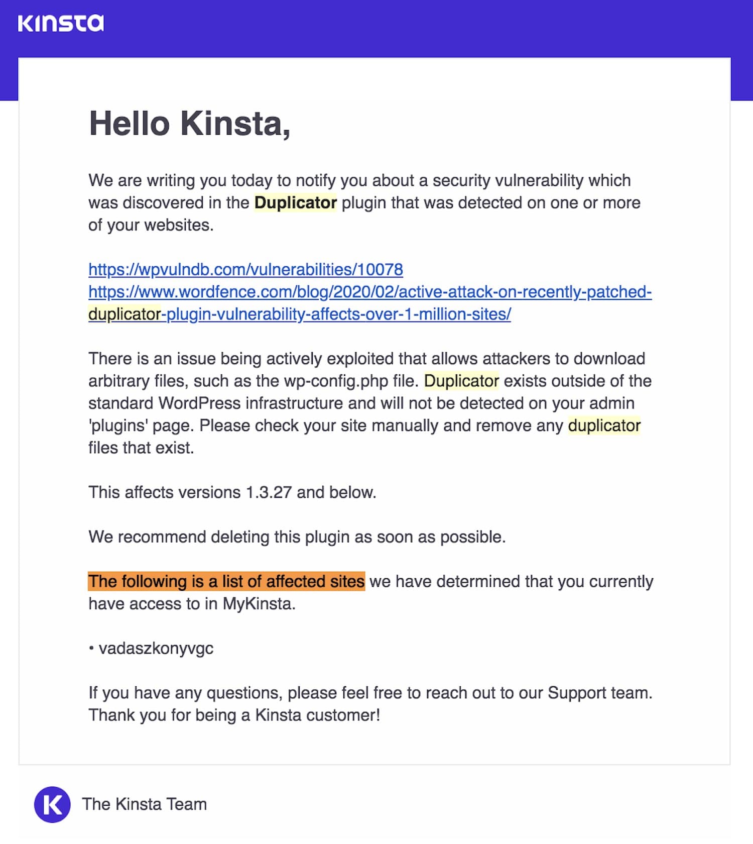 Les emails de vulnérabilité contiennent désormais des noms de sites.