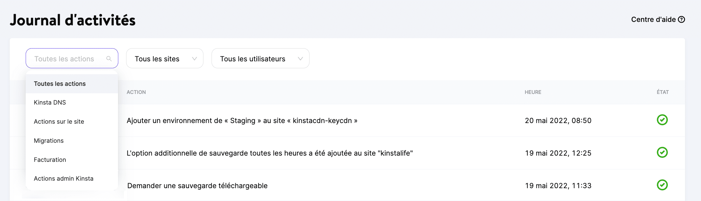 Le filtre de catégorie pour le journal d’activités de MyKinsta.