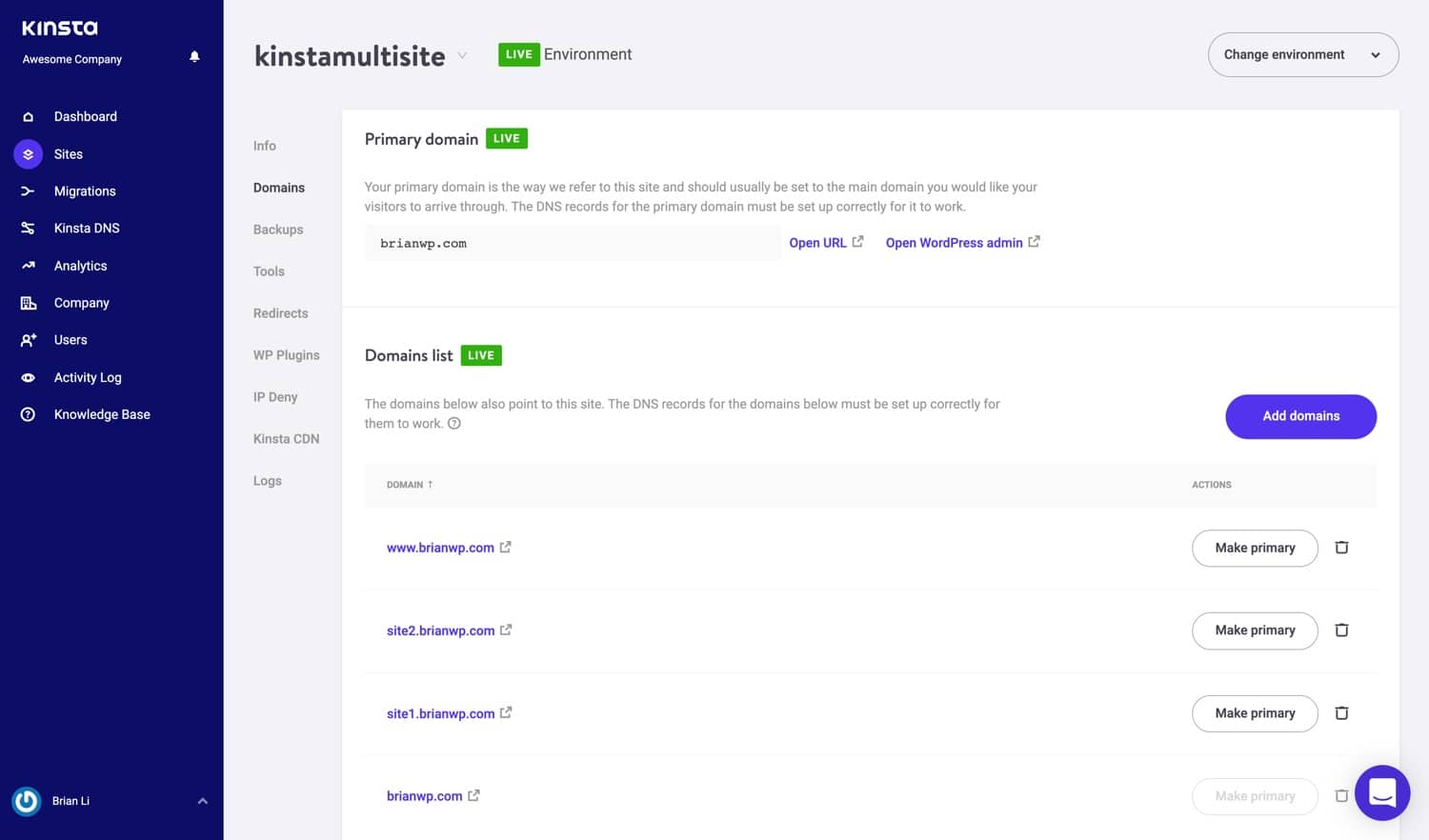 Domaines multi-sites dans MyKinsta.