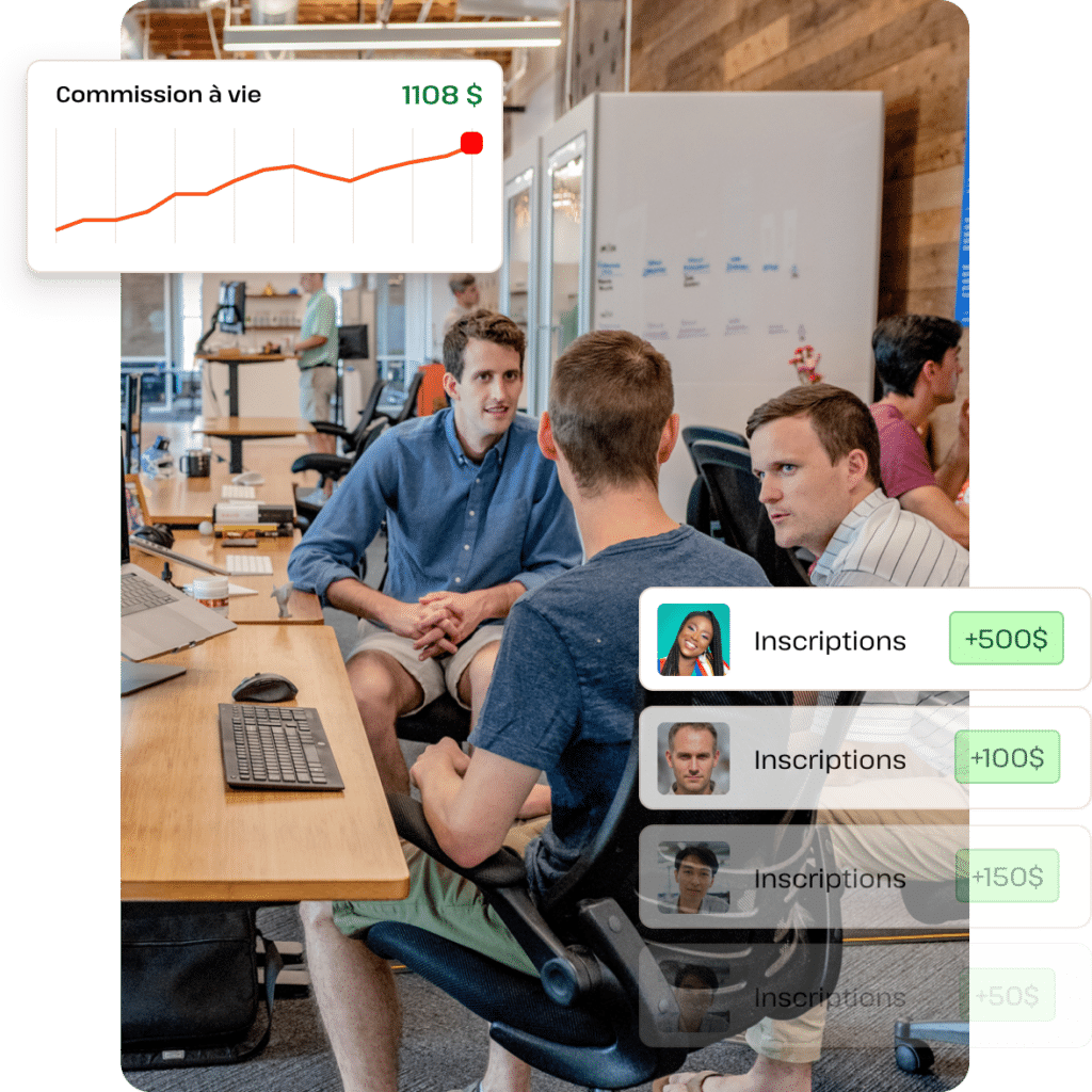 Groupe de personnes discutant dans un bureau d'agence moderne avec un graphique ascendant en arrière-plan, symbolisant la croissance des revenus d'affiliation.