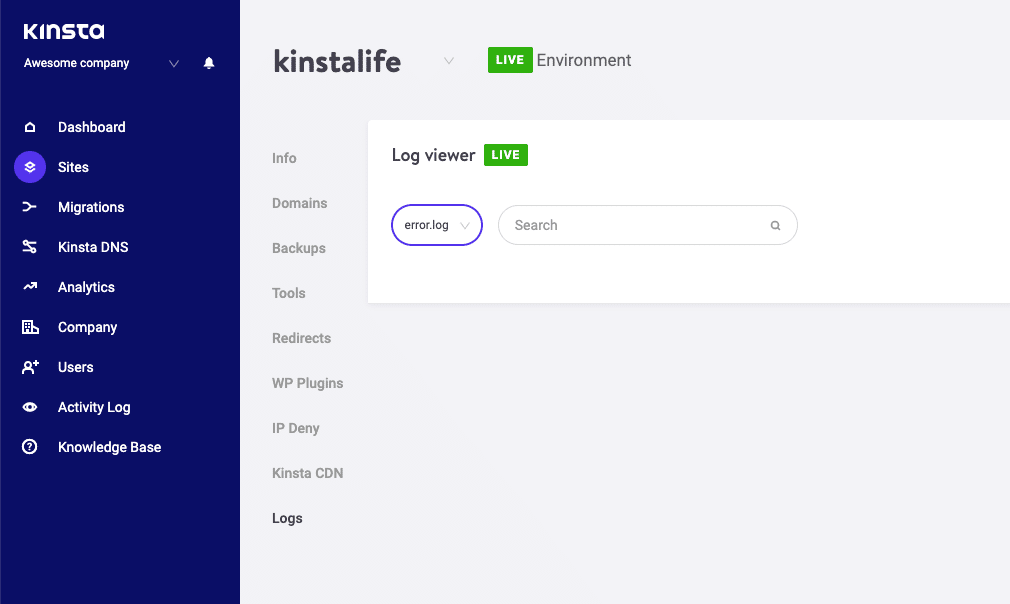 Accesso ai registri di errore di MyKinsta