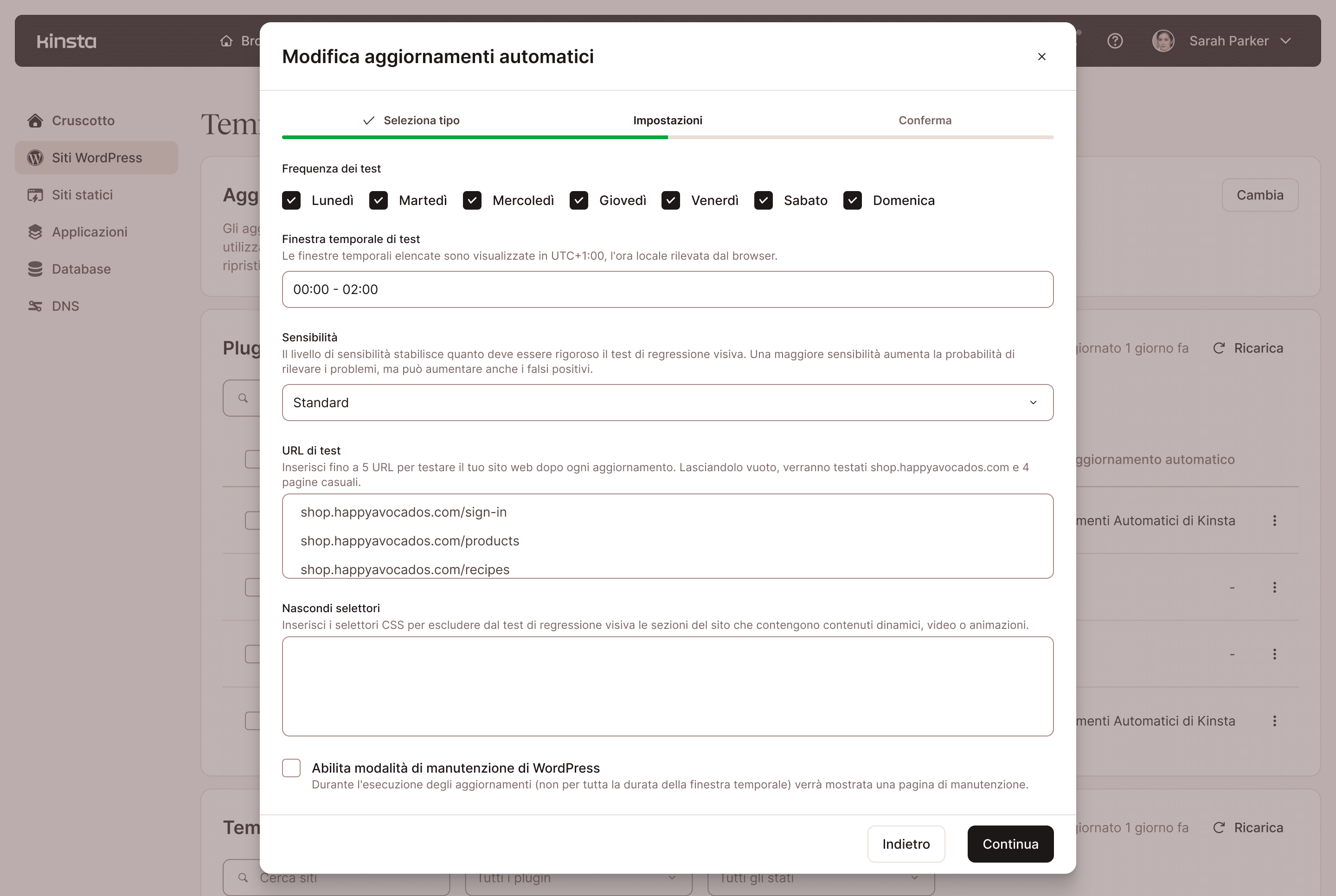 Interfaccia per configurare gli aggiornamenti automatici