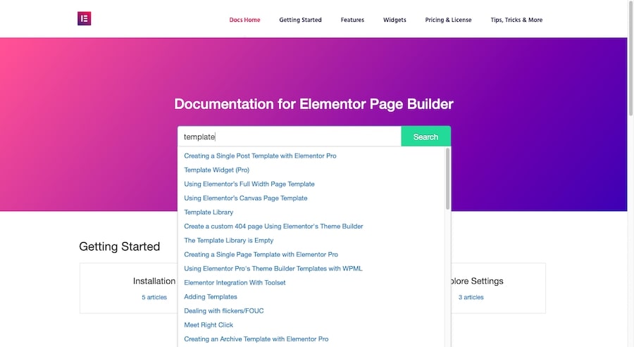Elementorのドキュメント内で「テンプレート」を検索