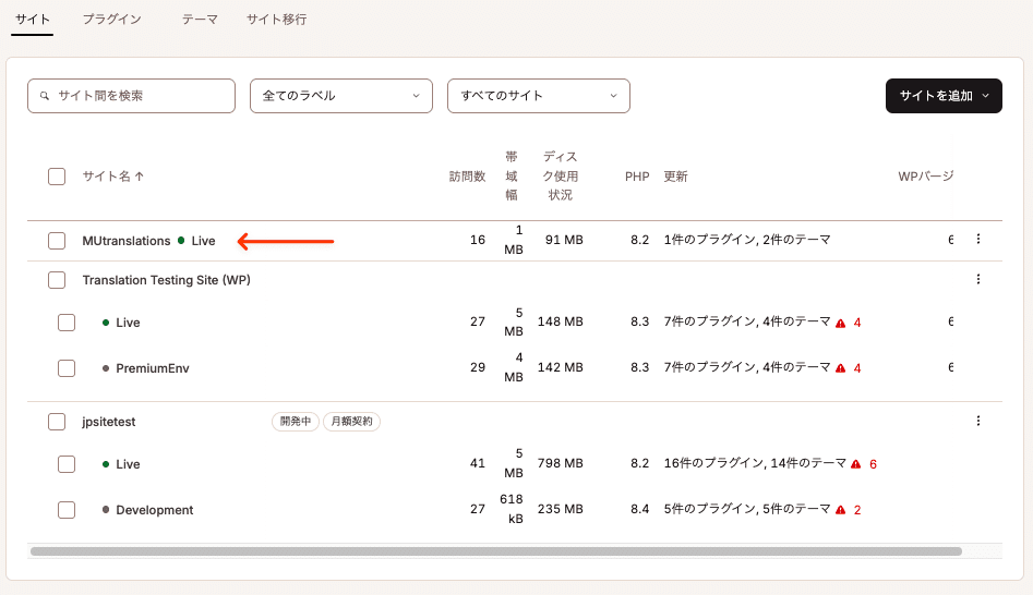 MyKinstaでサイトを選択