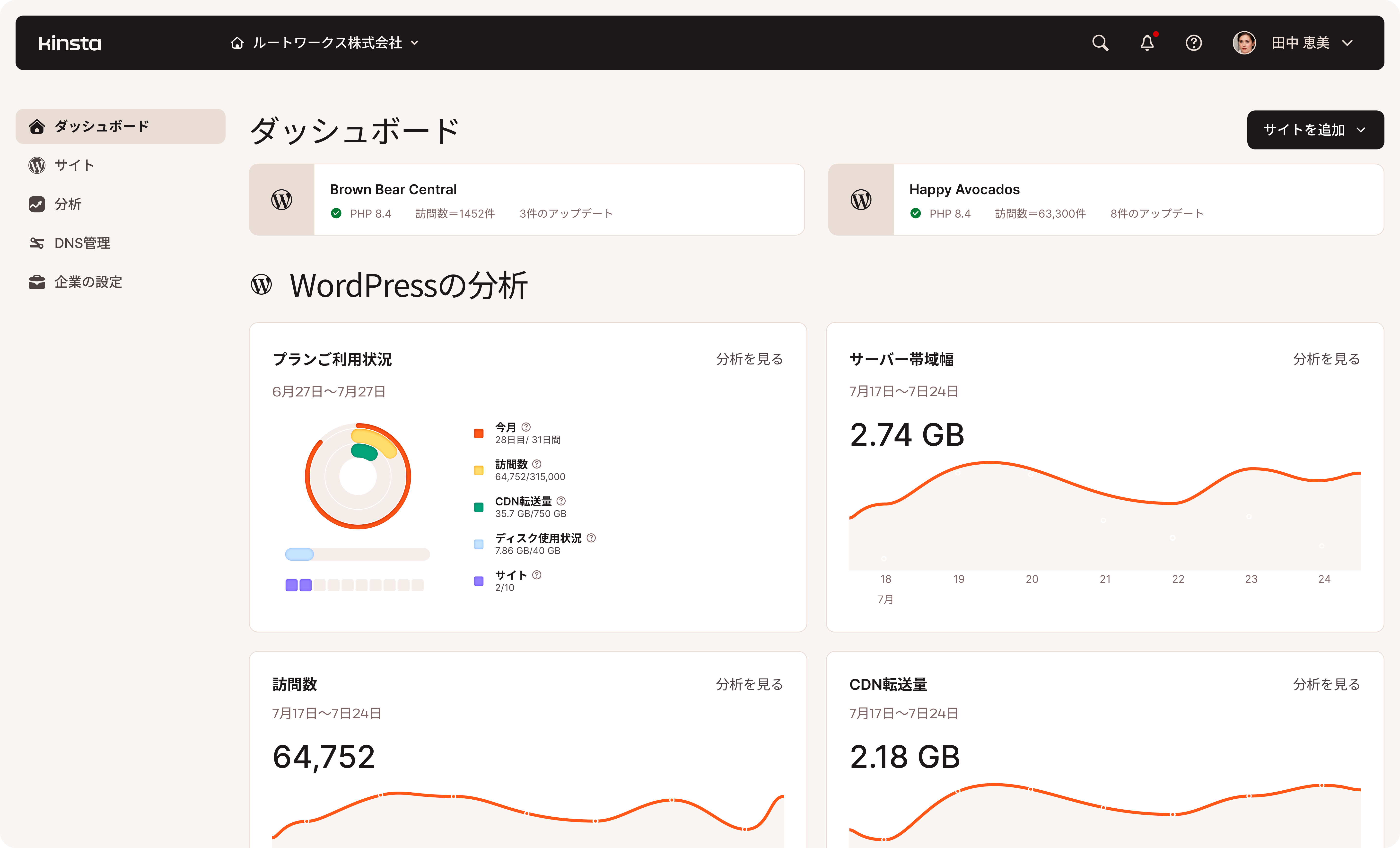 MyKinstaでは、サイトのトラフィックをリアルタイムで把握可能