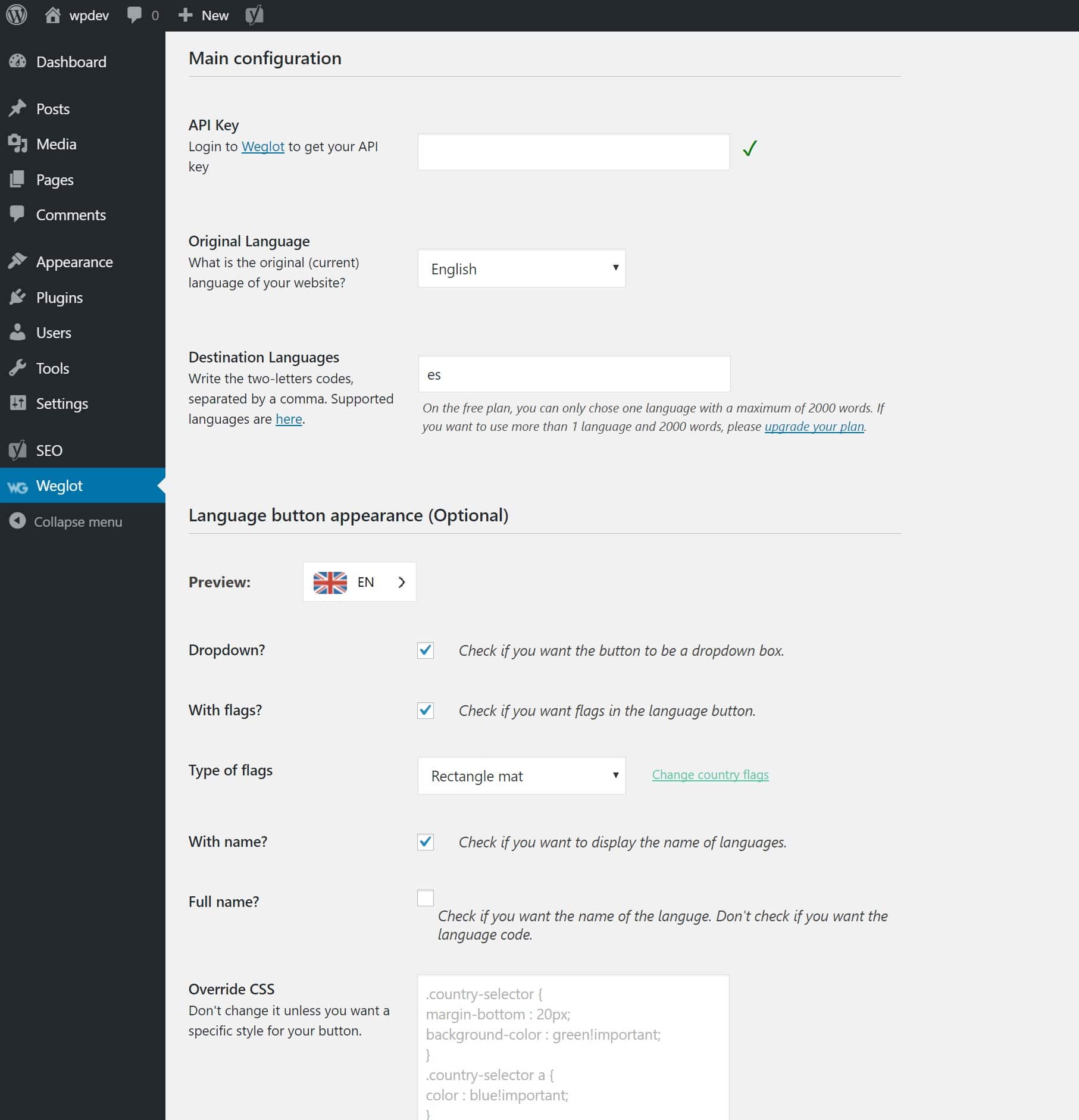 Weglot configuration Configurações no Weglot