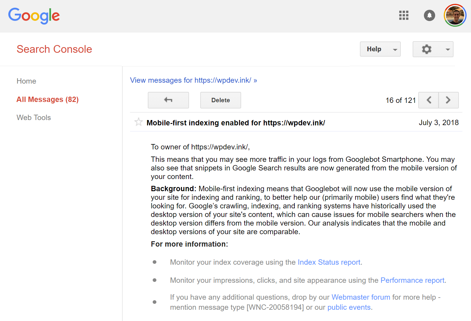 E-mail do Google sobre indexação mobile-first habilitada