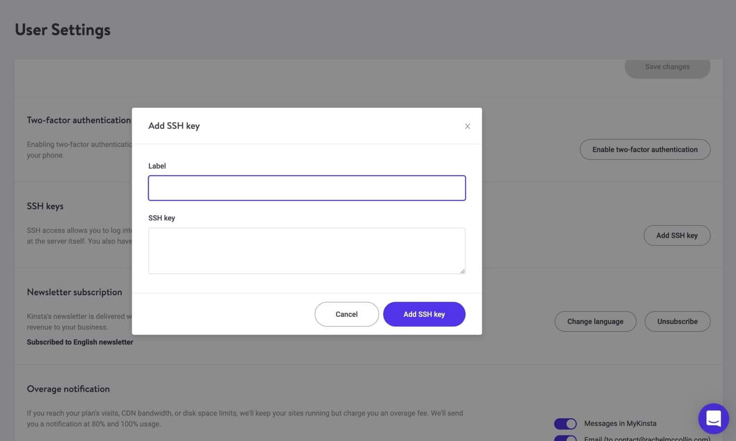 Adicionando chave SSH no MyKinsta