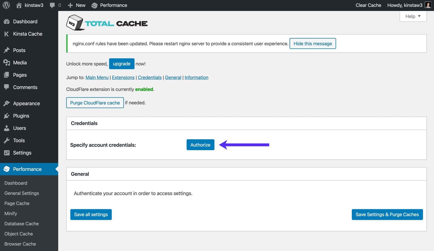 Autorizar Cloudflare em W3 Total Cache.
