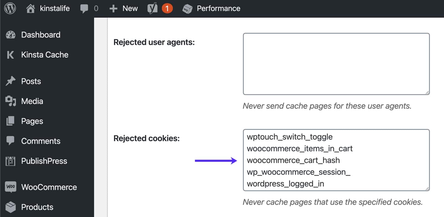 Bypass WooCommerce cookies em W3 Total Cache.