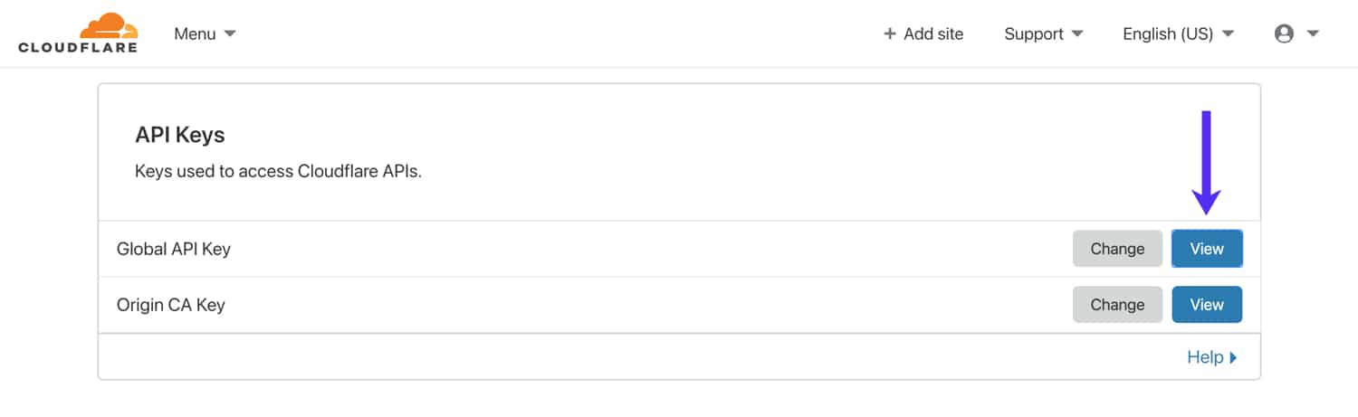 Veja sua chave API Global Cloudflare.