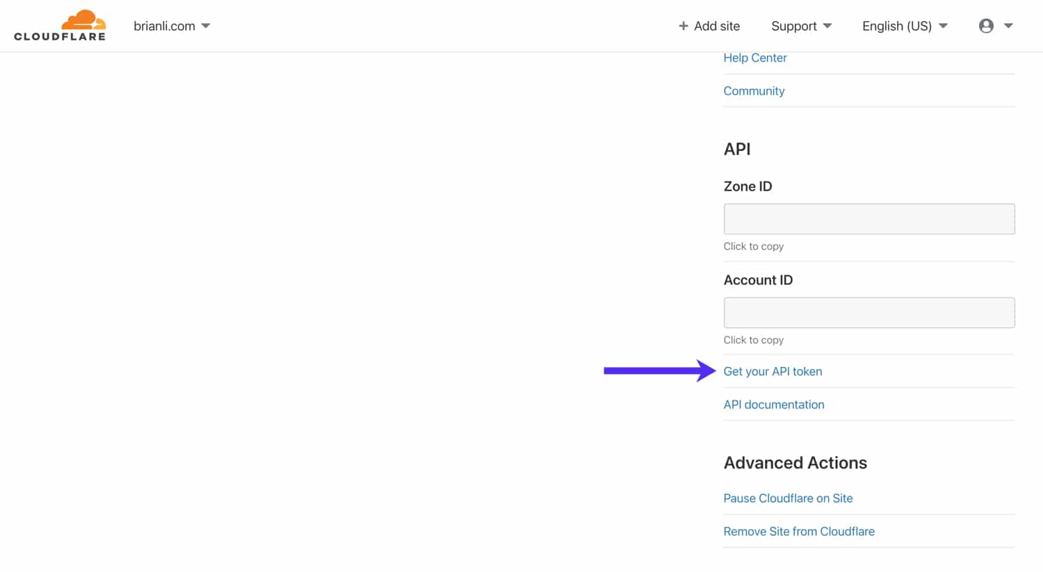 Veja sua chave API Global Cloudflare.
