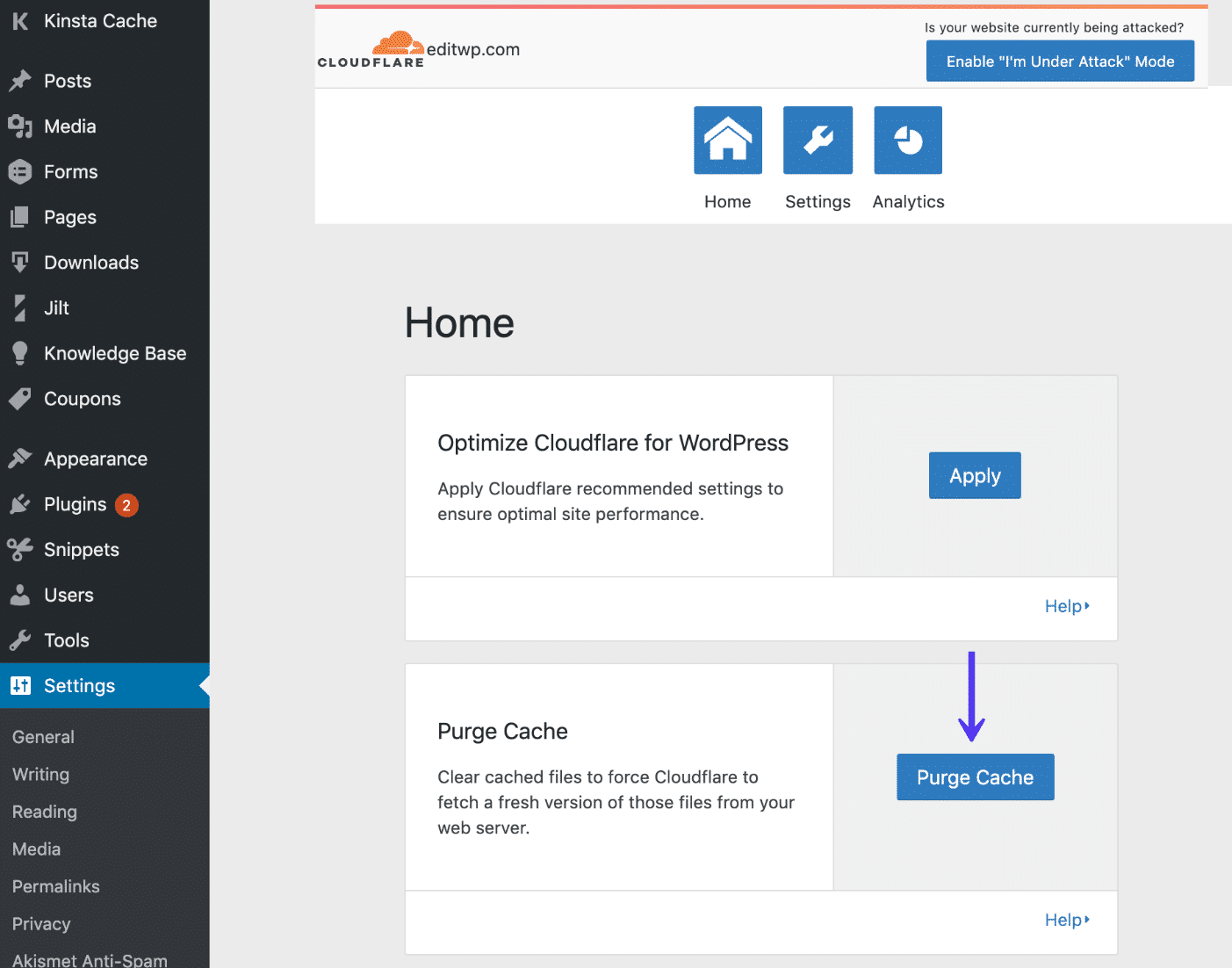 Cancellare la cache di Cloudflare nel plugin WordPress