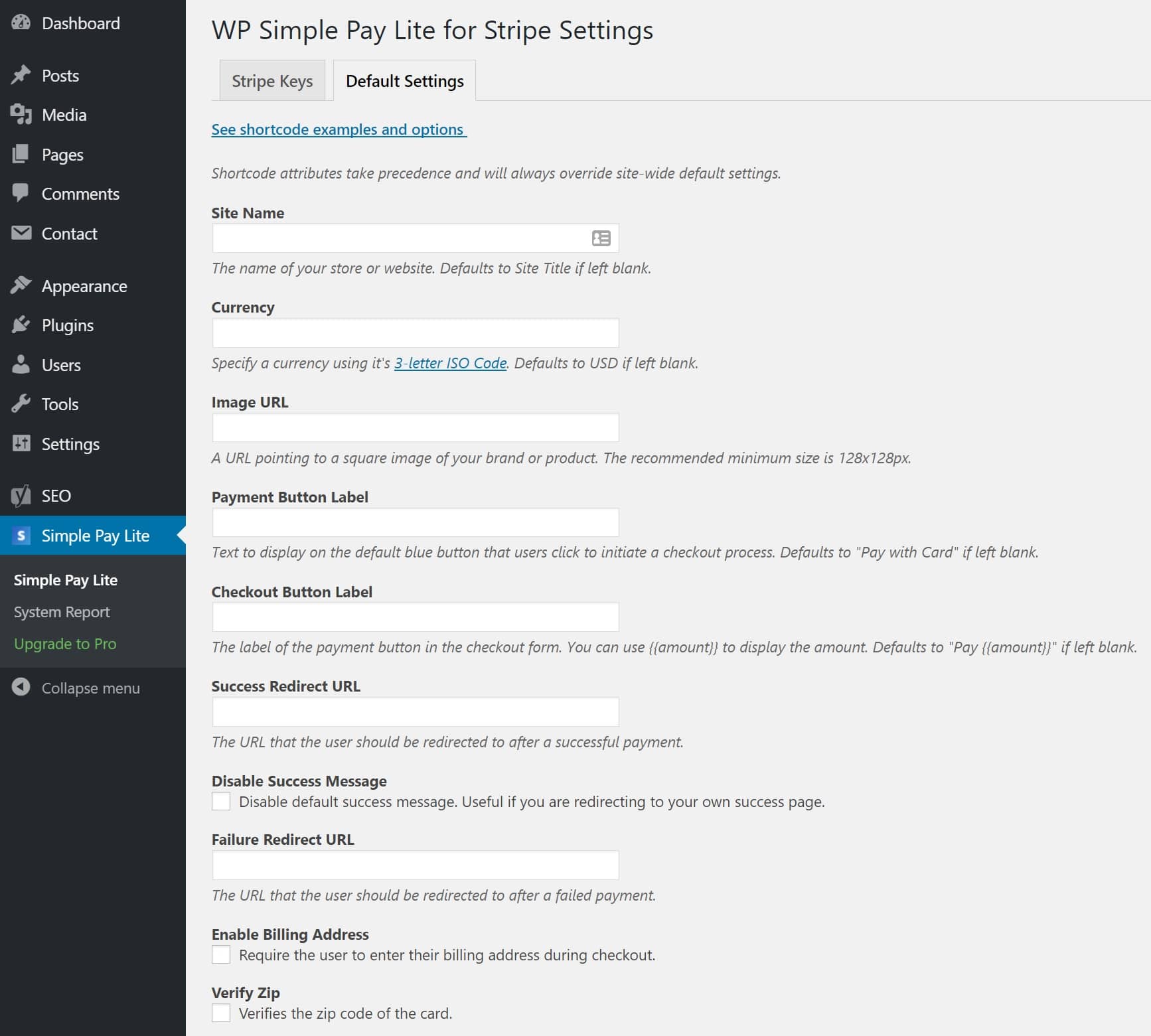 WP Simple Play Stripe settings wp simple pay stripe settings