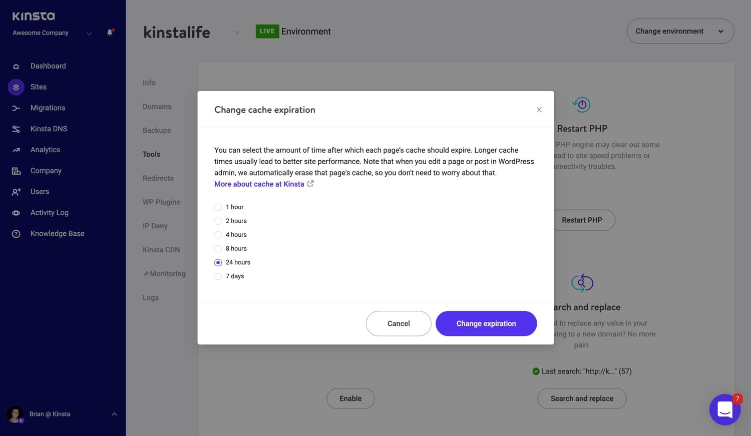 Opções de expiração de cache de página no MyKinsta.