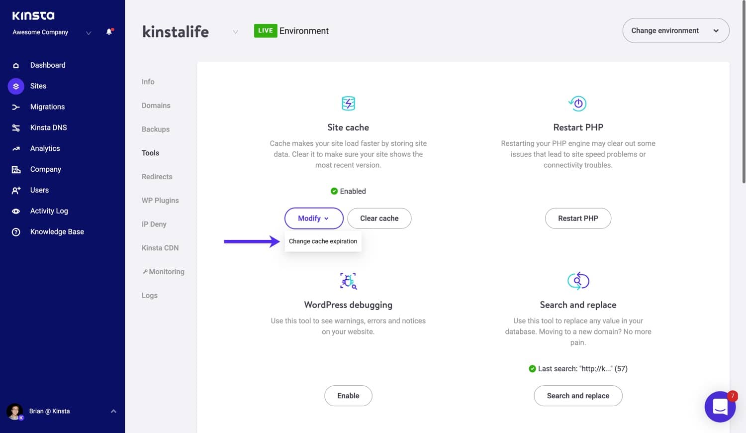 Alterar o tempo de expiração do cache de página no MyKinsta.