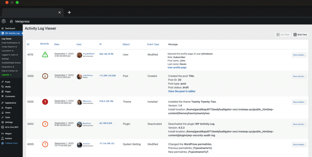 Un exemple de l'extension WP Activity Log.