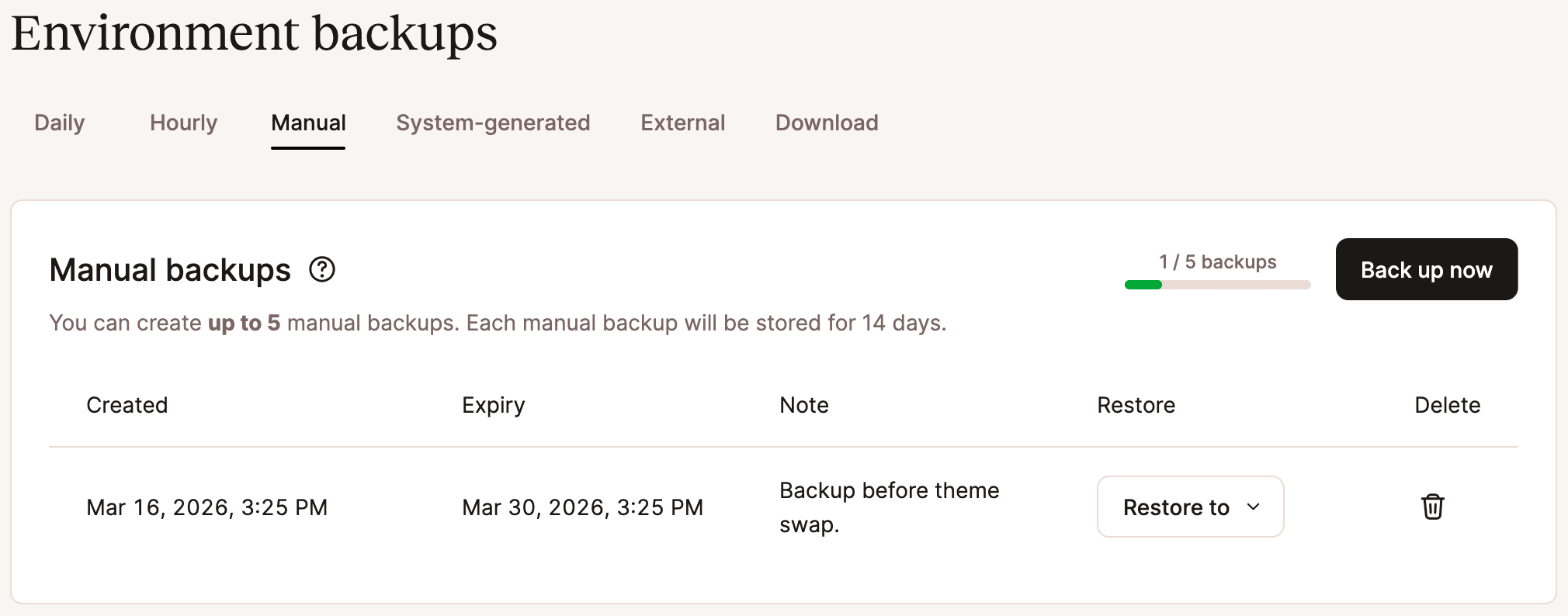 Uno screenshot che mostra una varietà di opzioni di backup in MyKinsta, con l’opzione Manuale evidenziata.