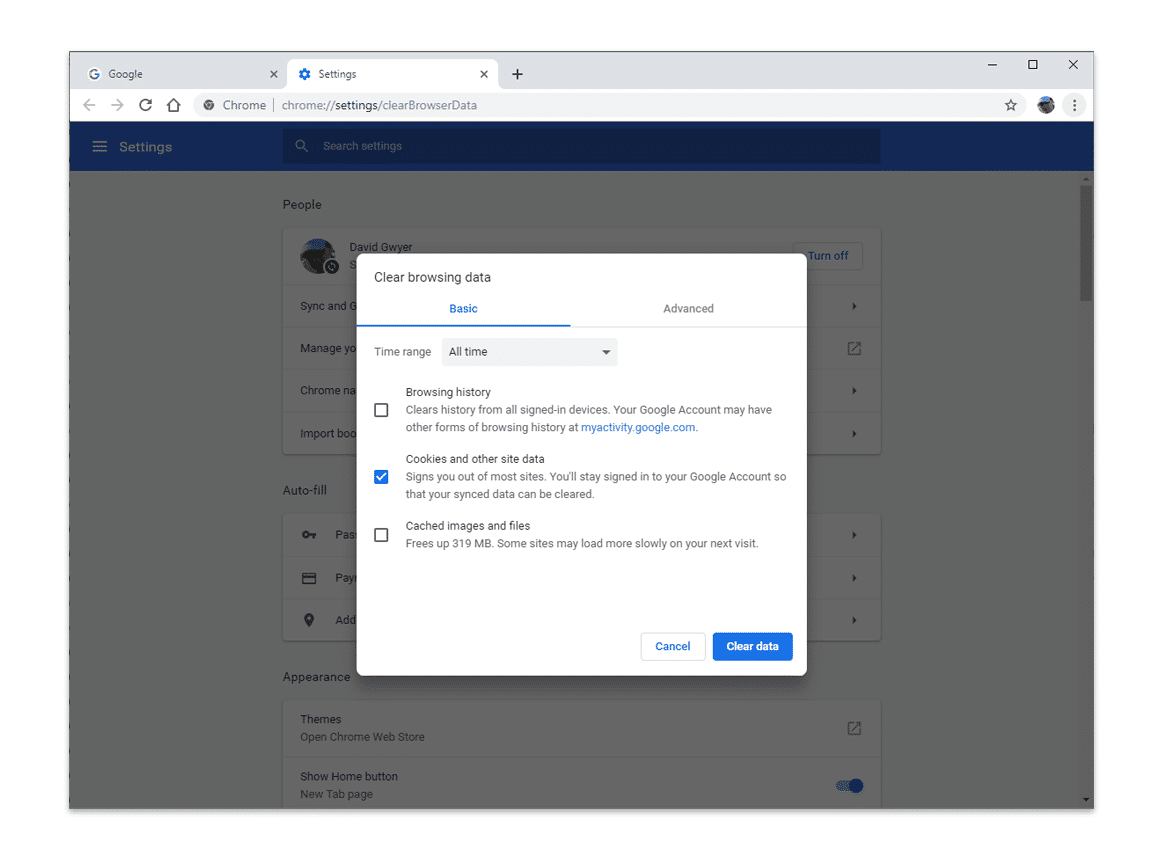 Opzioni per la cancellazione dei dati di navigazione (cookie)