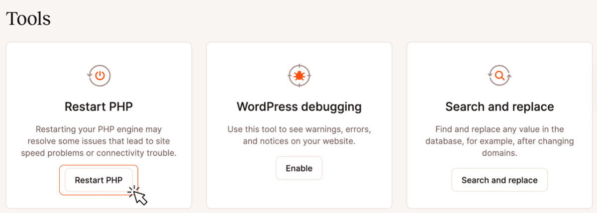 Redémarrage de PHP avec les outils MyKinsta.
