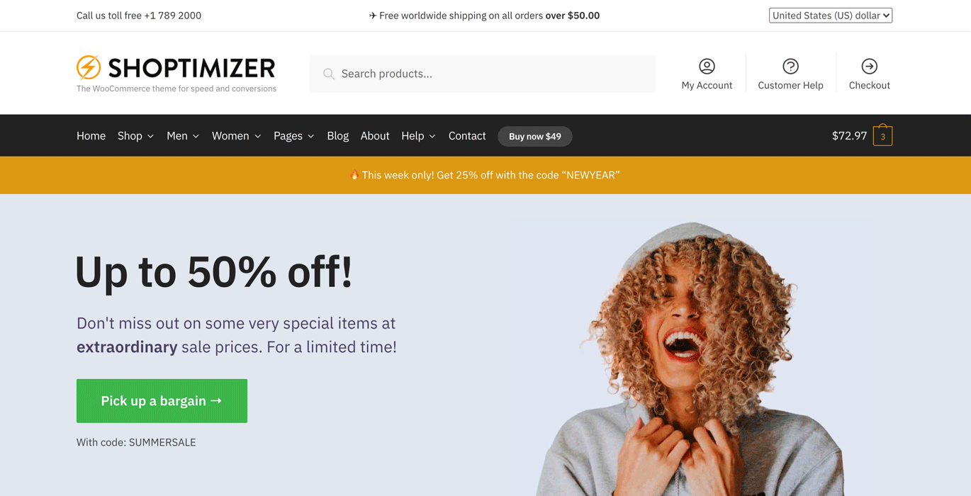 O tema do Shoptimizer WooCommerce.