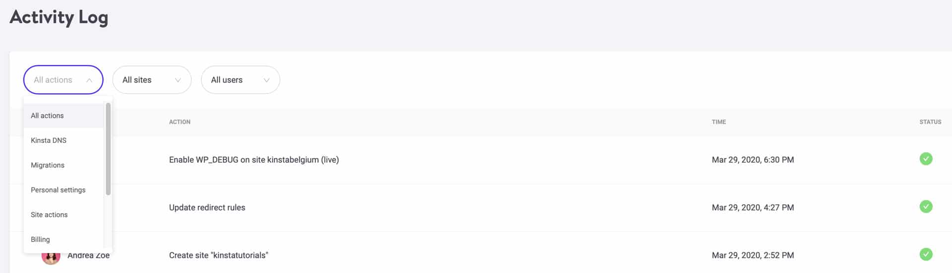 The MyKinsta activity log now has a category filter.